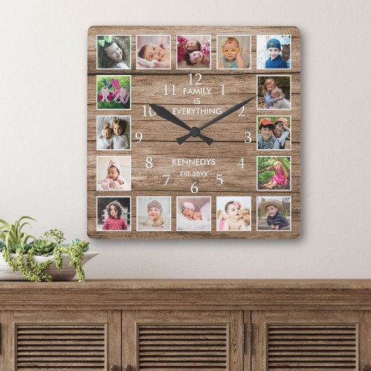 Personalized 16 Photo Collage Quote Rustic Wood スクエア壁時計