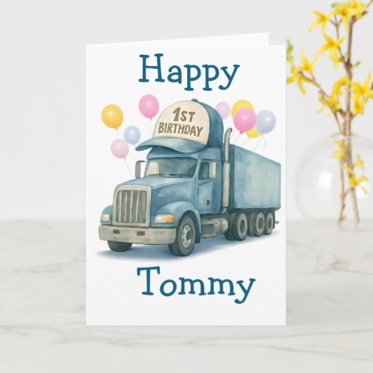  Personalized 1st Birthday Semi Truck Card カード (黄色い花)