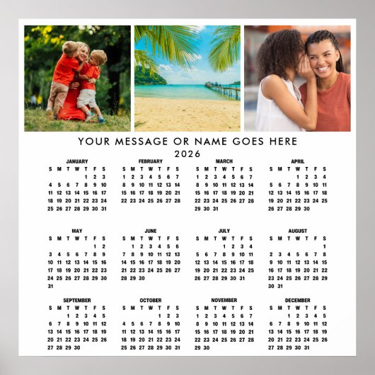 Personalized 2026 Calendar 3 Photo Collage ポスター (正面)