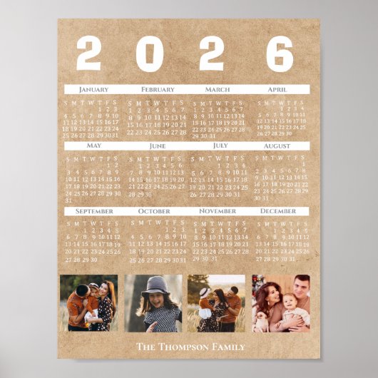  Personalized 2026 Calendar Family Photo Collage ポスター (正面)