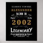 Personalized 21st Birthday 2002 Add Name Legendary ポスター<br><div class="desc">Personalized birthday born in 2002 Add your name birthday poster. Edit the name and year with the template provided. A wonderful custom black birthday design. More gifts and party supplies available with the "Legendary" design in the store.</div>