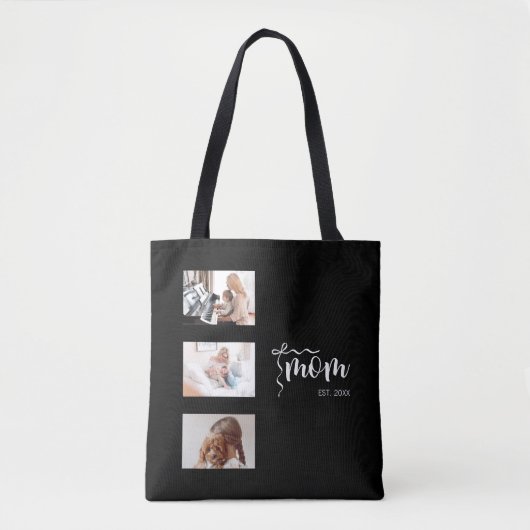 Personalized 3-Photo Collage Black Mom Est Year  トートバッグ (正面)
