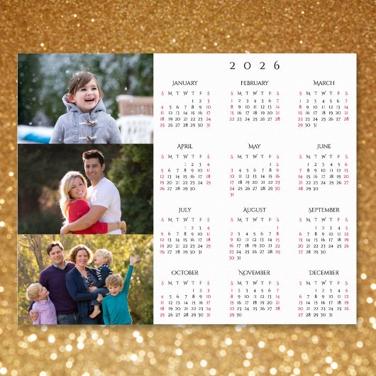 Personalized 3 Photo Collage Family 2026 Calendar ポスター