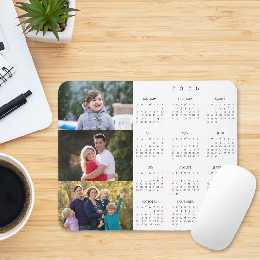 Personalized 3 Photo Collage Family 2026 Calendar マウスパッド
