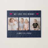 Personalized 3 Photo Mother's Day Navy Blue Hearts ジグソーパズル (横)