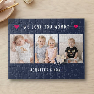 Personalized 3 Photo Mother's Day Navy Blue Hearts ジグソーパズル