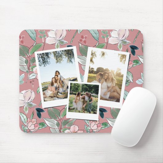 Personalized 3 Photo Pink Floral Background  マウスパッド (マウス)