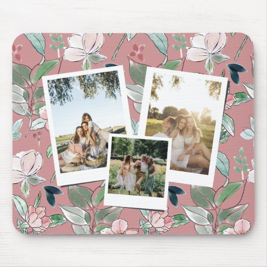 Personalized 3 Photo Pink Floral Background  マウスパッド (正面)