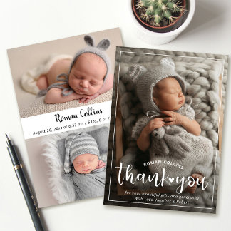 Personalized 3 Photo Thank You Birth Announcement シーズンカード