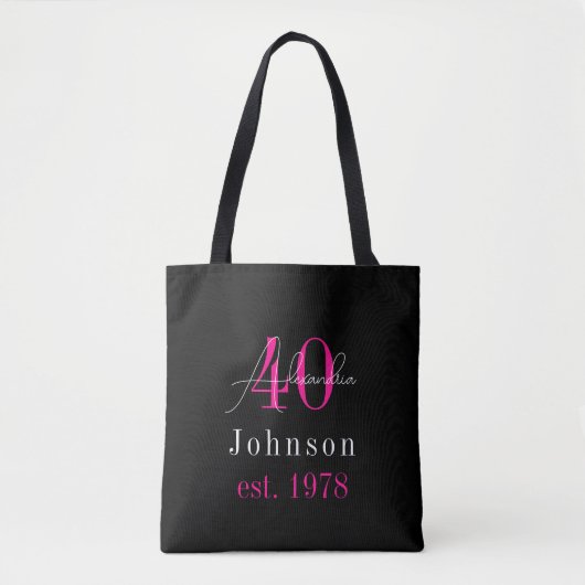 Personalized 40th Birthday Black Hot Pink トートバッグ (正面)