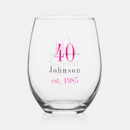 Personalized 40th Birthday Hot Pink Typography ステムなしワイングラス