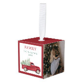 Personalized 4 Photo Family Collage Christmas Tree キューブオーナメント (正面アングル)