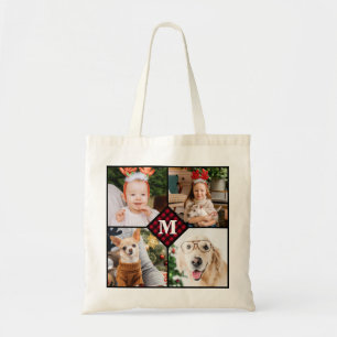 Personalized 4 Photo Red Buffalo Plaid Monogram トートバッグ