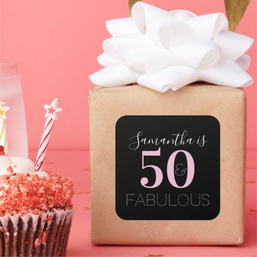 Personalized 50 and fabulous Black Pink Birthday スクエアシール (パーティー)