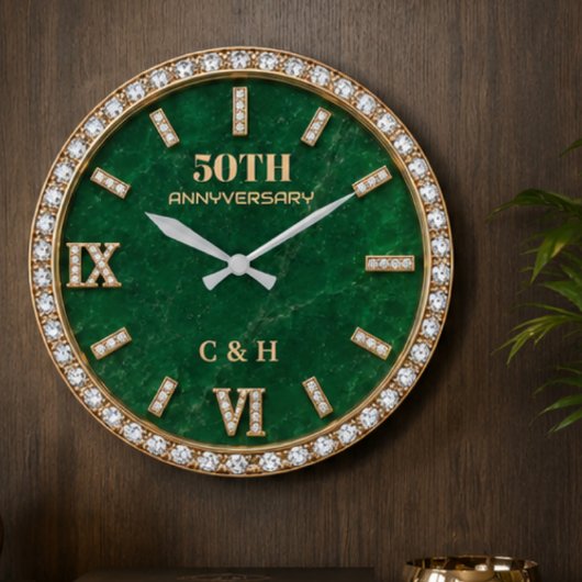 Personalized 50th Anniversary Emerald Marble ラージ壁時計