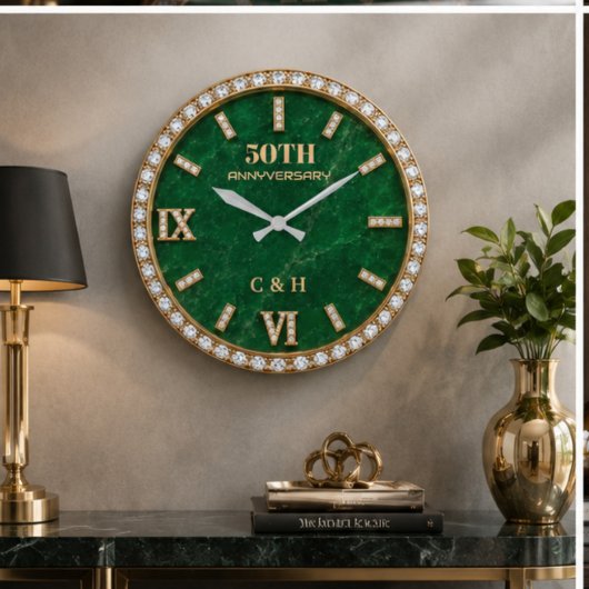 Personalized 50th Anniversary Emerald Marble ラージ壁時計