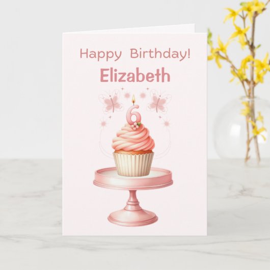 Personalized 6th Birthday Cupcake Card カード (黄色い花)