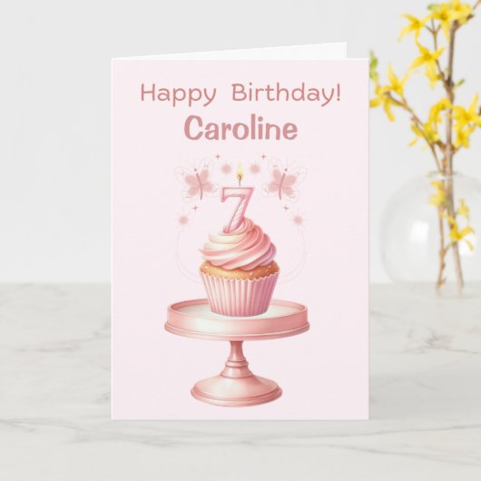 Personalized 7th Birthday Cupcake Card カード (黄色い花)