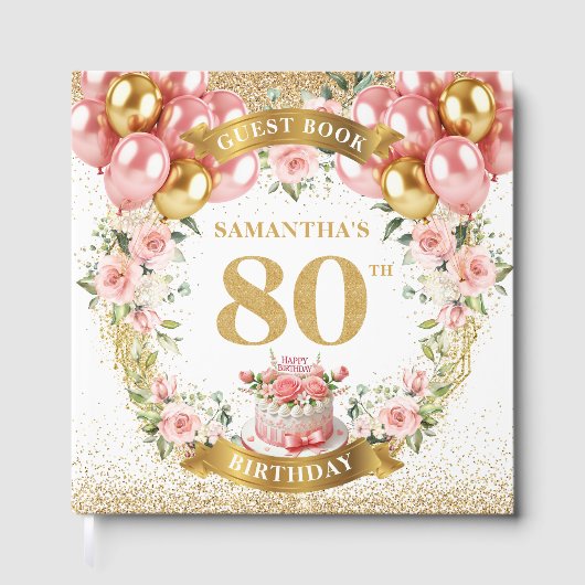 Personalized 80th Birthday Guest Book Boho Flowers ゲストブック (正面)
