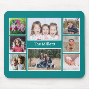 Personalized 8 Photo collage Family Name Teal マウスパッド