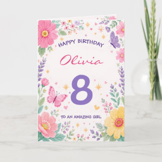 Personalized 8th Birthday Card for Girl | Floral カード