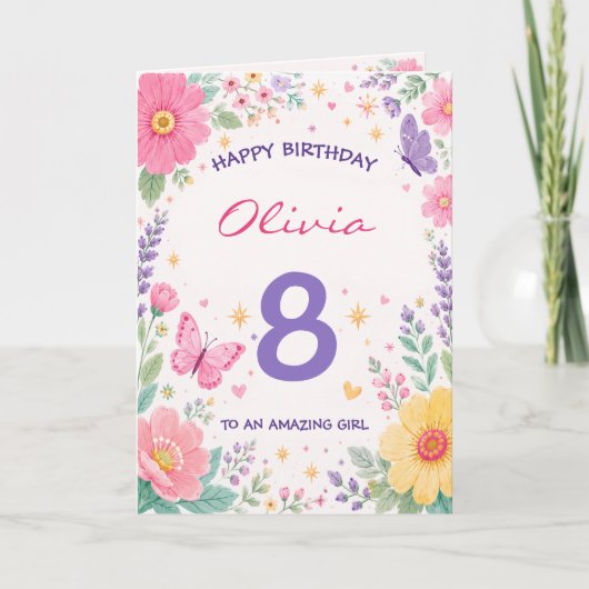 Personalized 8th Birthday Card for Girl | Floral カード (正面)