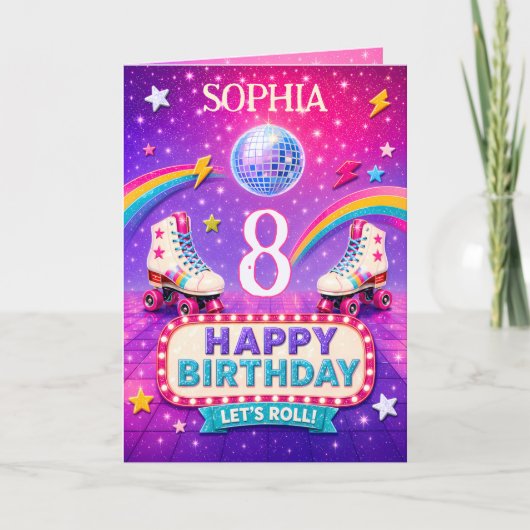 Personalized 8th Birthday Roller Disco Card Girl カード (正面)