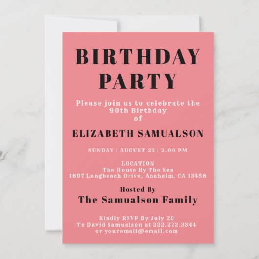 Personalized 90th Birthday 1936 Add Your Name Pink 招待状 (裏面)