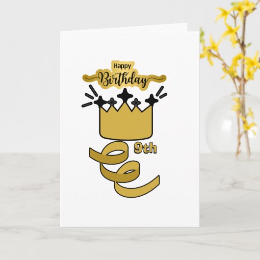 Personalized 9th Birthday King Crown Design カード (黄色い花)