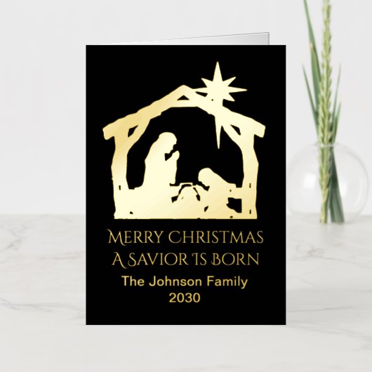 Personalized A Savior Is Born Nativity Scene Gold  箔シーズンカード (正面)