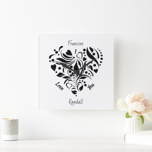 Personalized Abstract Black & White Heart Design  スクエア壁時計 (ホーム)