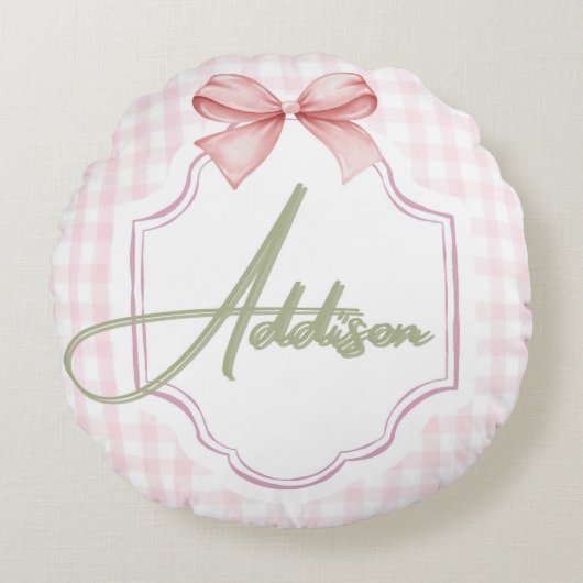 Personalized Addison Baby Girl Nursery Bow&Gingham ラウンドクッション (正面)