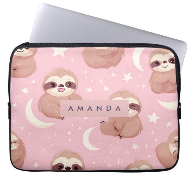 Personalized Adorable Sloth with Star Pattern ラップトップスリーブ (正面)