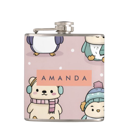 Personalized Adorable Winter Penguin Pattern フラスク (正面)