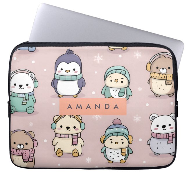 Personalized Adorable Winter Penguin Pattern ラップトップスリーブ (正面)
