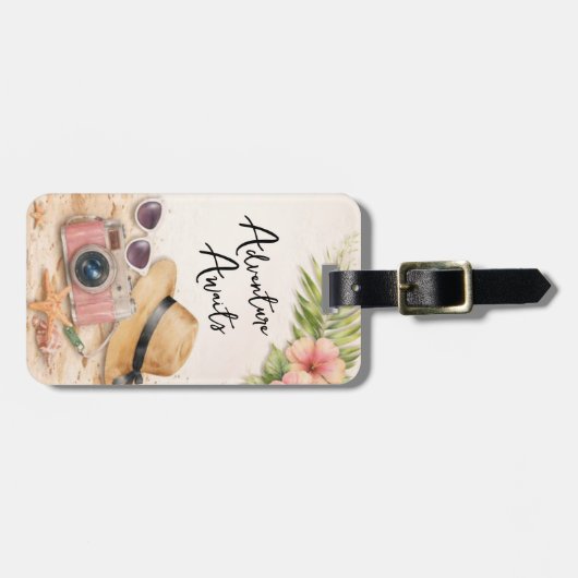 Personalized Adventure Awaits Tropical Floral ラゲッジタグ (正面横)
