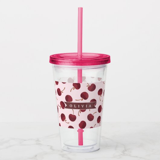 Personalized Aesthetic Cherry Pattern Name Gift アクリルタンブラー (正面)