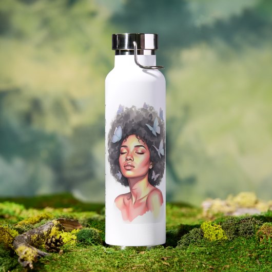 Personalized Afro Beauty Portrait  Water Bottle ウォーターボトル (アウトドア (回転後))