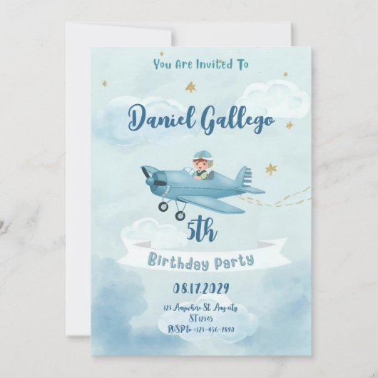 Personalized Airplane Boy Birthday Invitation 招待状 (正面)