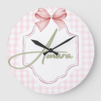 Personalized Amara Baby Girl Nursery Bow&Gingham ラージ壁時計