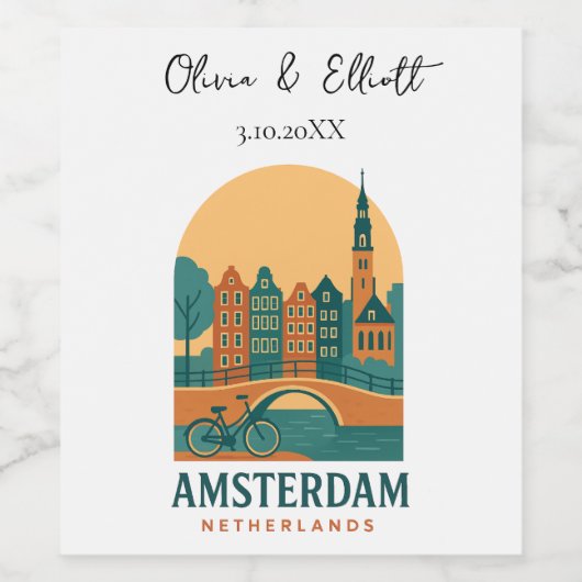 Personalized Amsterdam Netherlands Wedding Retro ワインラベル (シングルラベル)