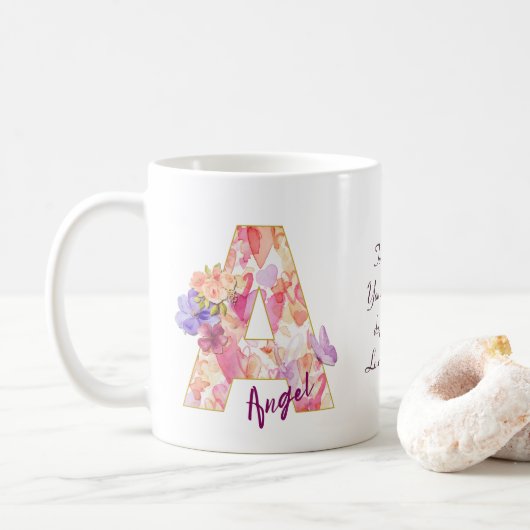 Personalized Angel Initial A with Heart Pattern コーヒーマグカップ (ドーナツ)