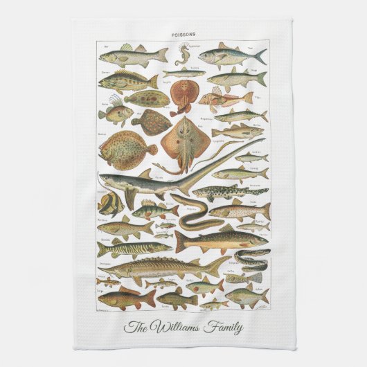 Personalized antique French Under-the-sea fish キッチンタオル (縦)
