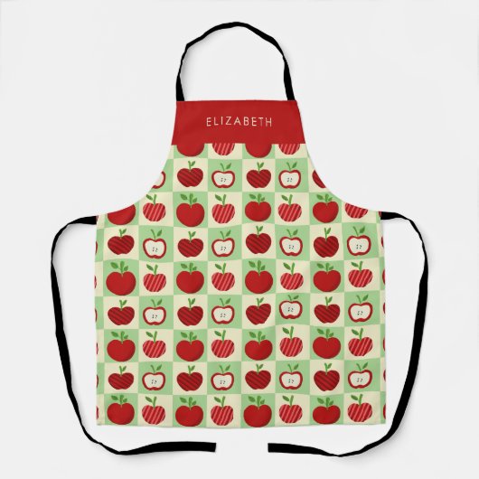 Personalized Apple Pattern Check Cozy Teacher エプロン (正面)