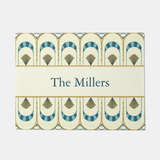 Personalized Art Deco Teal & Gold Geometric ドアマット (正面)