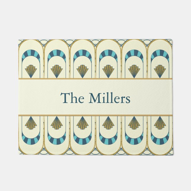 Personalized Art Deco Teal & Gold Geometric ドアマット (正面)