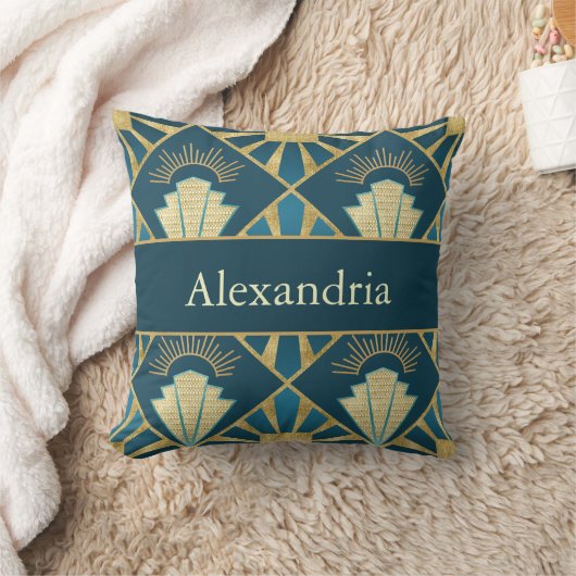 Personalized Art Deco Teal & Gold Geometric Name  クッション (ブランケット)