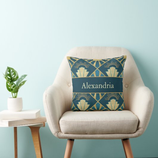 Personalized Art Deco Teal & Gold Geometric Name クッション (椅子)