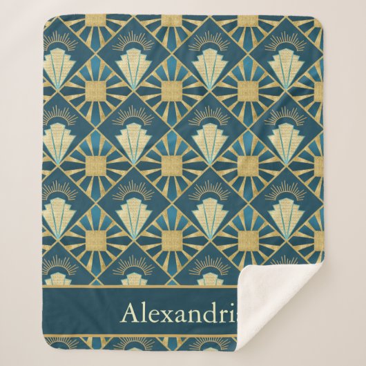 Personalized Art Deco Teal & Gold Geometric Name  シェルパブランケット (正面)