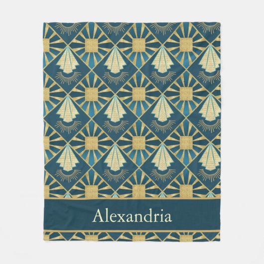 Personalized Art Deco Teal & Gold Geometric Name  フリースブランケット (正面)